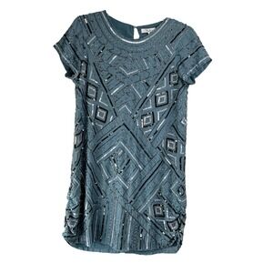 Parker Frost Topaz Geometric Beaded Cap Sleeve Sheath Cocktail Dress Size Medium